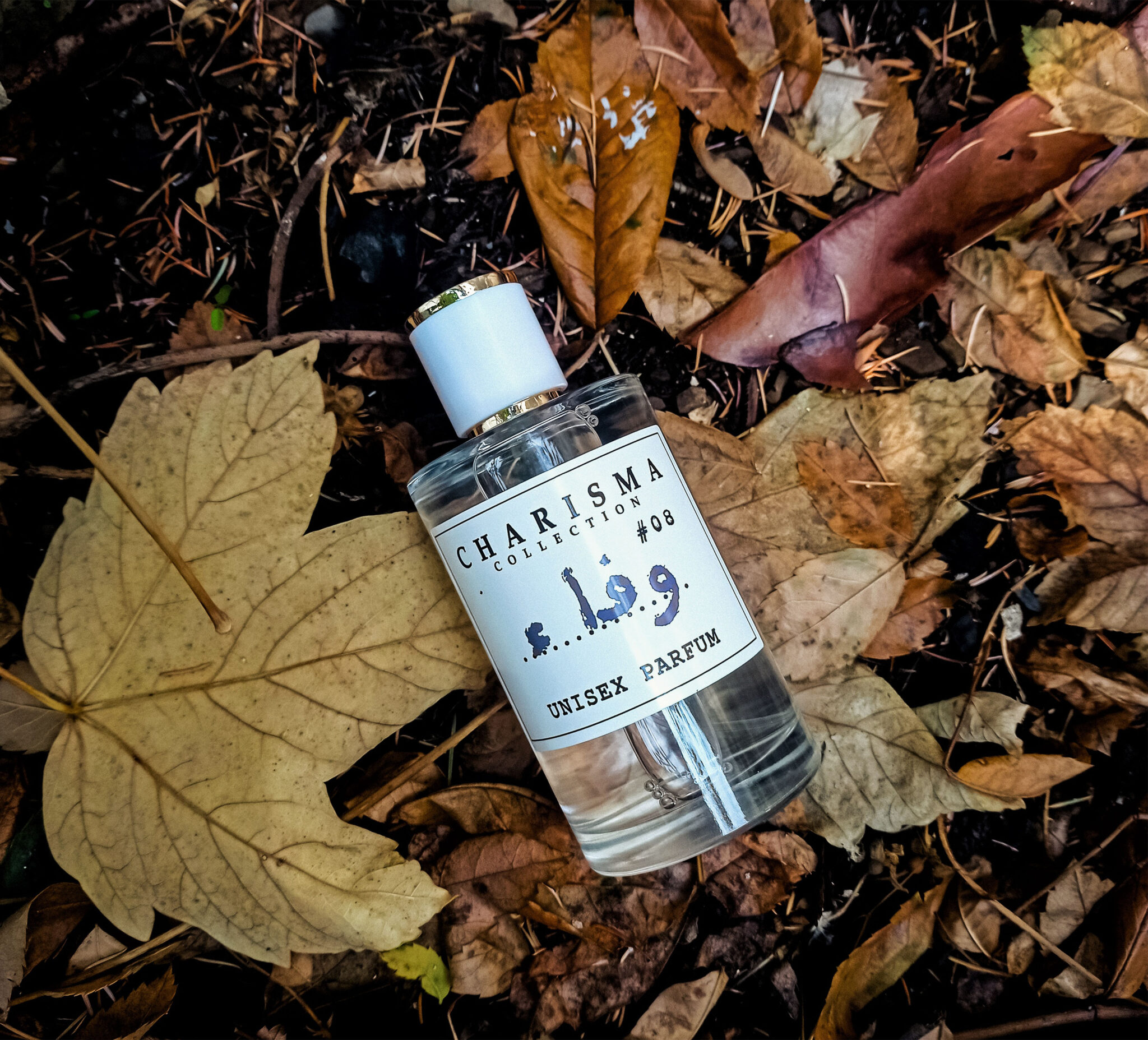 Charisma Collection #08 Wafaa unisex perfume bottle placed on autumn leaves natural outdoor fragrance aesthetic Close up