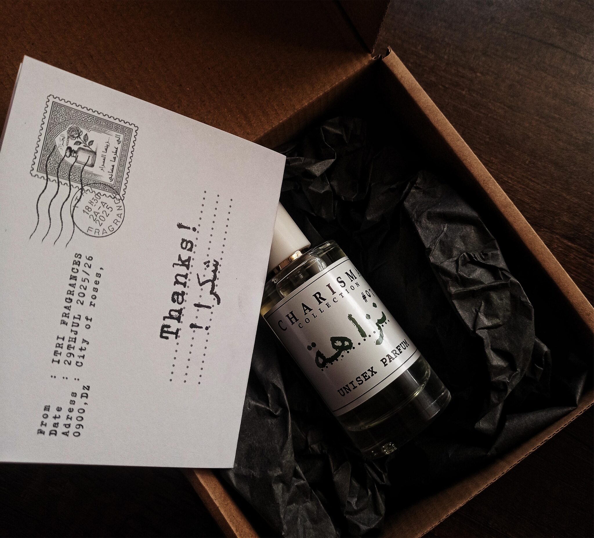 Charisma Collection unisex perfume in gift box packaging with thank you card luxury fragrance delivery presentation resolution different