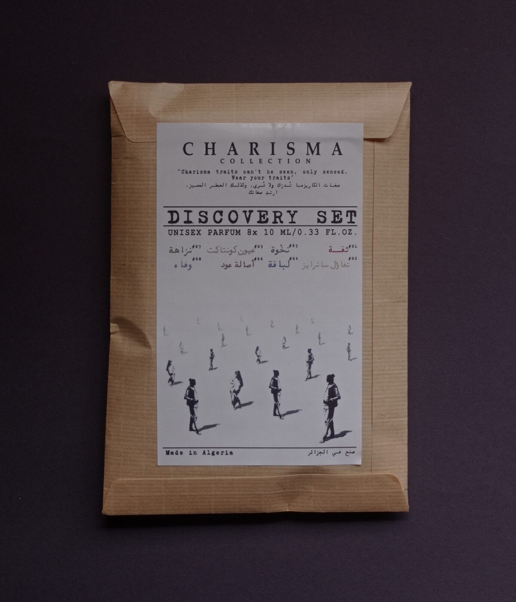 “Charisma Collection Discovery Set – Unisex perfumes made in Algeria, featuring 8×10ml bottles with artistic packaging and Arabic-English design highlighting individuality and charisma traits.”